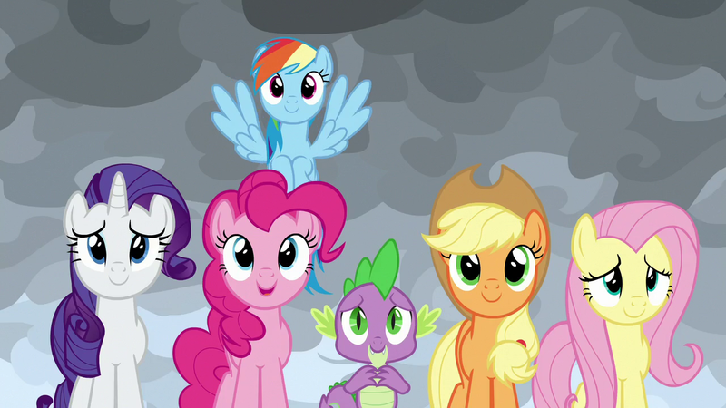 Size: 1280x720 | Tagged: safe, derpibooru import, screencap, applejack, fluttershy, pinkie pie, rainbow dash, rarity, spike, dragon, earth pony, pegasus, pony, unicorn, season 9, the ending of the end, spoiler:s09, spoiler:season 9, female, g4, horn, image, male, mare, png, spoiler