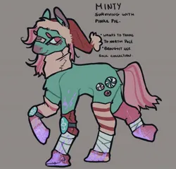 Size: 1560x1492 | Tagged: safe, artist:venus_ai_, derpibooru import, minty, earth pony, pony, g3, apocalypse, armor, armored pony, bandage, bandaid, bandaid on nose, blood, christmas, clothes, cyan coat, glitter, hat, holiday, image, implied pinkie pie, infection, infection au, jpeg, mlp infection, pink eyes, pink mane, pink tail, reference sheet, santa hat, smiling, socks, tail, two toned mane, two toned tail, virus
