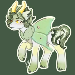 Size: 3072x3072 | Tagged: safe, artist:duckyia, derpibooru import, oc, alicorn, butterfly, insect, moth, pony, chest fluff, ear fluff, eyebrows, folded wings, gradient hooves, green, green background, hooves, horns, image, png, raised hoof, short hair, short mane, short tail, simple background, solo, spots, tail, unshorn fetlocks, wings, yellow eyes