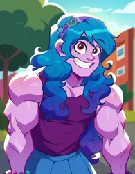 Size: 800x1024 | Tagged: safe, ai content, derpibooru import, machine learning generated, prompter:enterusxrname, stable diffusion, izzy moonbow, equestria girls, g5, breasts, buff, delicious flat chest, g4, generator:purplesmart.ai, grin, hairband, image, jpeg, long hair, male, muscles, muscular male, overdeveloped muscles, rule 63, smiling, solo