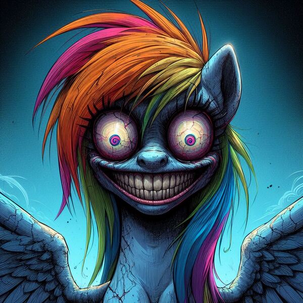 Size: 1024x1024 | Tagged: safe, ai content, derpibooru import, machine learning generated, prompter:enterusxrname, rainbow dash, pegasus, pony, crazy eyes, creepy, creepy smile, g4, generator:bing image creator, generator:dall-e 3, image, jpeg, long mane, manga style, nightmare fuel, psycho, smiling, solo, wings