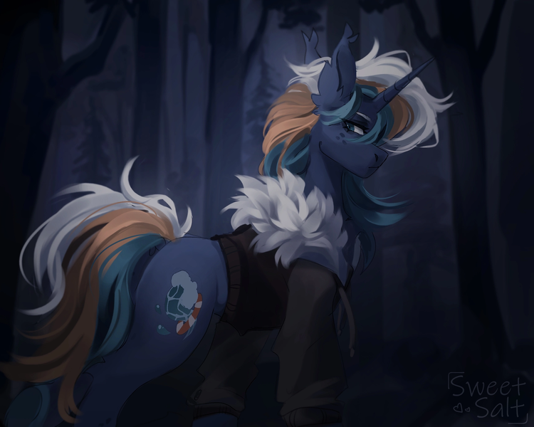 Size: 2560x2048 | Tagged: safe, artist:sweettsa1t, derpibooru import, oc, unofficial characters only, pony, unicorn, clothes, commission, ear fluff, ear tufts, forest, horn, image, jacket, nature, png, solo, tree