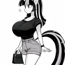 Size: 1024x1024 | Tagged: safe, ai content, derpibooru import, machine learning generated, twilight sparkle, anthro, adorasexy, bag, big breasts, breasts, busty twilight sparkle, clothes, curvy, cute, female, g4, handbag, hourglass figure, huge breasts, image, implied tail hole, monochrome, png, prompter:horselover fat, sexy, shirt, shorts, side view, simple background, smiling, solo, sparkles, stupid sexy twilight, tail, walking, watch, white background