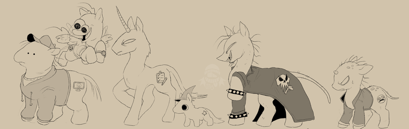 Size: 4096x1293 | Tagged: safe, artist:oat-pup, derpibooru import, ponified, earth pony, pegasus, pony, unicorn, allan red, angry, beige background, bracelet, charlie dompler, clothes, coat, curved horn, dot eyes, flying, furless, furrowed brow, glep, gnarly, grim, group, happy, hat, hoodie, horn, image, jewelry, leonine tail, liver spots, looking at each other, looking at someone, male, narrowed eyes, neck fluff, pim pimling, png, raised hoof, sharp teeth, shirt, short horn, simple background, smiling, smiling at each other, smiling friends, stubble, sweat, sweatdrop, tail, teeth, trenchcoat, watch, wizard hat