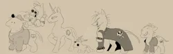 Size: 4096x1293 | Tagged: safe, artist:oat-pup, derpibooru import, ponified, earth pony, pegasus, pony, unicorn, allan red, angry, beige background, bracelet, charlie dompler, clothes, coat, curved horn, dot eyes, flying, furless, furrowed brow, glep, gnarly, grim, group, happy, hat, hoodie, horn, image, jewelry, leonine tail, liver spots, looking at each other, looking at someone, male, narrowed eyes, neck fluff, pim pimling, png, raised hoof, sharp teeth, shirt, short horn, simple background, smiling, smiling at each other, smiling friends, stubble, sweat, sweatdrop, tail, teeth, trenchcoat, watch, wizard hat