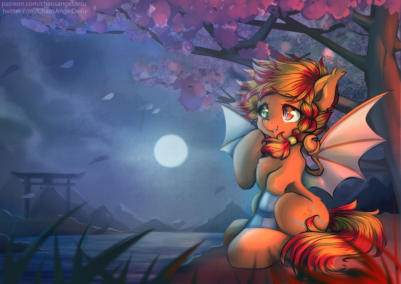 Size: 4961x3508 | Tagged: safe, artist:chaosangeldesu, derpibooru import, oc, oc:flaming hoof, bat pony, pony, bat pony oc, bat wings, cherry blossoms, cloud, commission, cute, flower, flower blossom, image, jpeg, moon, night, river, solo, water, wings