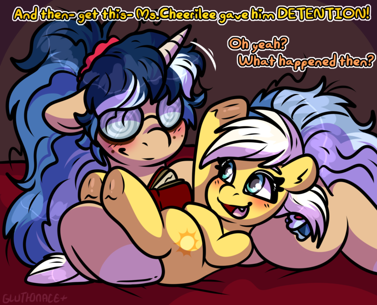 Size: 2000x1619 | Tagged: safe, artist:sexygoatgod, derpibooru import, sunny daze, oc, oc:depraved daydream, earth pony, pony, unicorn, age difference, canon x oc, cuddling, cute, cute little fangs, fangs, female, filly, foal, horn, image, mare, png