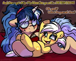 Size: 2000x1619 | Tagged: safe, artist:sexygoatgod, derpibooru import, sunny daze, oc, oc:depraved daydream, earth pony, pony, unicorn, age difference, canon x oc, cuddling, cute, cute little fangs, fangs, female, filly, foal, horn, image, mare, png