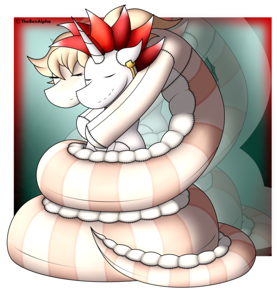 Size: 1689x1785 | Tagged: safe, artist:thebenalpha, derpibooru import, oc, oc:peach "cassiopeia" blossom, oc:ryoku memori, unofficial characters only, alicorn, lamia, original species, pony, coiling, coils, duo, eyes closed, folded wings, hug, image, plushie, png, wings