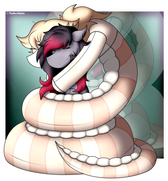 Size: 1669x1791 | Tagged: safe, artist:thebenalpha, derpibooru import, oc, oc:madelinne, oc:peach "cassiopeia" blossom, unofficial characters only, earth pony, lamia, original species, pony, coiling, coils, duo, eyes closed, hug, image, plushie, png