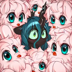Size: 1920x1920 | Tagged: safe, artist:minekoo2, derpibooru import, queen chrysalis, oc, oc:fluffle puff, changeling, changeling queen, earth pony, pony, canon x oc, female, image, jpeg, mare, multeity, tongue out