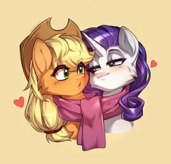 Size: 2048x1970 | Tagged: safe, artist:minekoo2, derpibooru import, applejack, rarity, earth pony, pony, unicorn, clothes, duo, duo female, female, freckles, g4, hat, heart, horn, image, jpeg, lesbian, mare, scarf, shared clothing, shared scarf