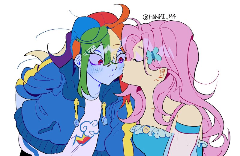 Size: 2300x1500 | Tagged: safe, artist:pelma, derpibooru import, fluttershy, rainbow dash, human, equestria girls, blushing, clothes, dress, duo, duo female, female, flutterdash, g4, image, jacket, jpeg, kiss on the cheek, kissing, lesbian, shipping, simple background, white background