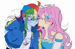 Size: 2300x1500 | Tagged: safe, artist:pelma, derpibooru import, fluttershy, rainbow dash, human, equestria girls, blushing, clothes, dress, duo, duo female, female, flutterdash, g4, image, jacket, jpeg, kiss on the cheek, kissing, lesbian, shipping, simple background, white background