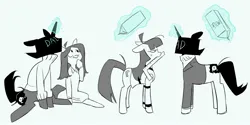 Size: 2000x1000 | Tagged: safe, artist:pelma, derpibooru import, ponified, earth pony, pony, unicorn, clothes, cross-popping veins, dress, duo, duo male and female, emanata, female, horn, image, jpeg, lila (spooky month), magic, male, mare, milk carton, mouth hold, ruler, simple background, sitting, spooky month, stallion, sweater, telekinesis, white background