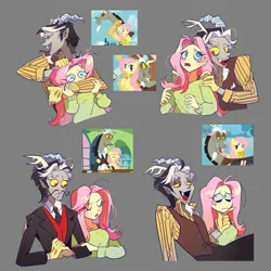 Size: 2200x2200 | Tagged: safe, artist:pelma, derpibooru import, discord, fluttershy, draconequus, human, pegasus, pony, clothes, duo, duo male and female, elf ears, facial hair, female, gloves, goatee, gray background, hand on chin, headlock, holding a pony, horn, horned humanization, humanized, image, jpeg, long tongue, male, mare, moustache, necktie, noogie, scene interpretation, screencap reference, shipping fuel, simple background, snaggletooth, suit, tongue out, waistcoat