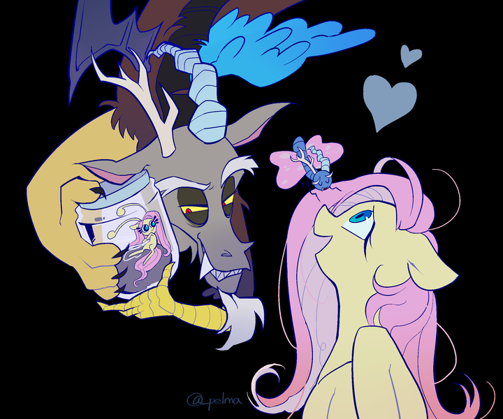 Size: 2400x2000 | Tagged: safe, artist:pelma, derpibooru import, discord, fluttershy, breezie, draconequus, pegasus, pony, black background, breeziefied, discoshy, duo, duo male and female, female, floating heart, heart, image, jar, male, mare, png, shipping, simple background, snaggletooth, species swap, straight
