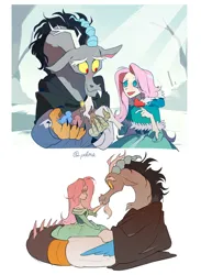 Size: 2200x3000 | Tagged: safe, artist:pelma, derpibooru import, discord, fluttershy, bird, draconequus, human, equestria girls, beauty and the beast, blushing, cloak, clothes, discoshy, disney, dress, duo, duo male and female, female, g4, humanized, image, interspecies, jpeg, looking at each other, looking at someone, male, shipping, straight, winter, winter outfit