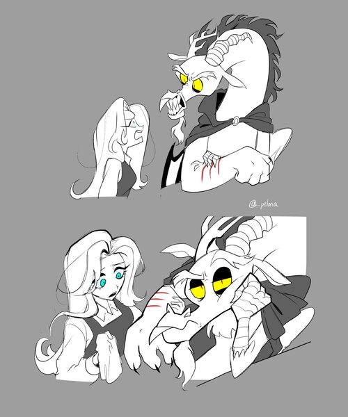 Size: 2500x3000 | Tagged: safe, artist:pelma, derpibooru import, discord, fluttershy, draconequus, human, beauty and the beast, cloak, clothes, discoshy, duo, duo male and female, female, gray background, gritted teeth, humanized, image, injured, jpeg, male, scratches, sharp teeth, shipping, simple background, snaggletooth, straight, teeth