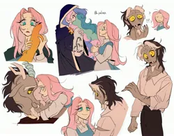 Size: 3200x2500 | Tagged: safe, artist:pelma, derpibooru import, discord, fluttershy, princess celestia, draconequus, human, arm hair, beauty and the beast, chest hair, cloak, clothes, confused, discoshy, duo, duo male and female, elf ears, female, humanized, image, jpeg, male, question mark, shipping, shirt, straight, wet