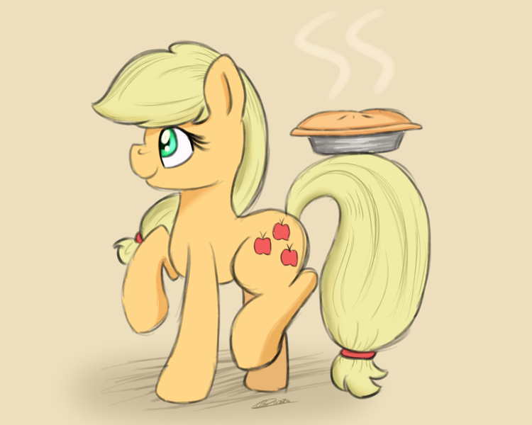 Size: 2500x2000 | Tagged: safe, artist:bazza, derpibooru import, applejack, earth pony, pony, apple, apple pie, applebetes, cute, derpibooru exclusive, female, food, g4, happy, hatless, holding, image, mare, missing accessory, paint tool sai, pie, pie tin, png, prehensile tail, raised hoof, signature, simple background, simple shading, smiling, steam, tail, tail hold, walking