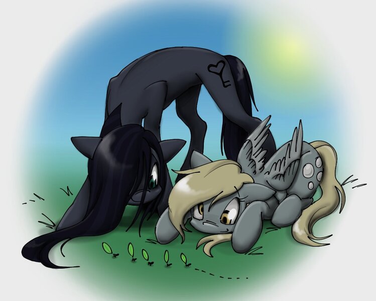 Size: 1149x921 | Tagged: safe, artist:hellworldnohope, derpibooru import, derpy hooves, oc, oc:minkie pie, ant, earth pony, insect, pegasus, pony, derp, duo, duo female, female, g4, image, jpeg, lying down, mare, prone