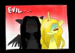 Size: 506x359 | Tagged: safe, artist:hellworldnohope, derpibooru import, oc, unofficial characters only, pegasus, pony, unicorn, abstract background, duo, duo female, evil, female, horn, image, mare, png, red eyes