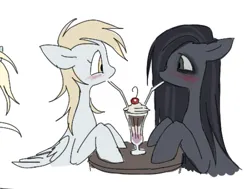 Size: 553x418 | Tagged: safe, artist:hellworldnohope, derpibooru import, derpy hooves, oc, oc:minkie pie, earth pony, pegasus, pony, blushing, drink, duo, duo female, female, g4, image, looking at each other, looking at someone, mare, milkshake, png, simple background, white background