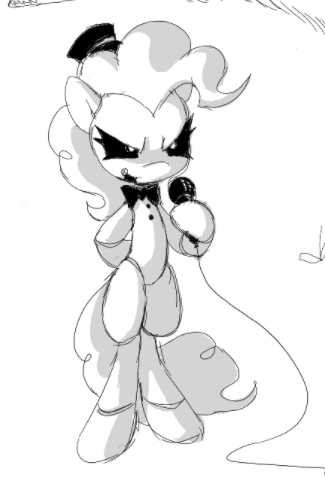 Size: 325x478 | Tagged: safe, artist:hellworldnohope, derpibooru import, pinkie pie, earth pony, pony, bipedal, black and white, black sclera, bowtie, female, g4, grayscale, hat, hoof hold, image, mare, microphone, monochrome, png, sketch, solo, top hat
