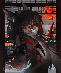 Size: 2755x3300 | Tagged: semi-grimdark, artist:kefirro7, derpibooru import, oc, unofficial characters only, pony, art trade, blood, bloody hooves, cheek fluff, chest fluff, detailed background, digital art, ear fluff, ear piercing, earring, fangs, half body, image, jewelry, male, piercing, pigtails, png, raised hoof, red eyes, scar, smiling, solo