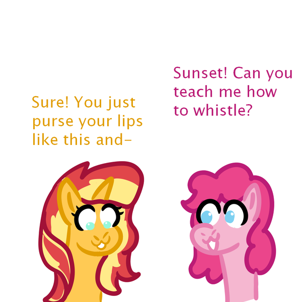 Size: 1000x1000 | Tagged: safe, artist:zoeyhorse, derpibooru import, pinkie pie, sunset shimmer, earth pony, pony, unicorn, bust, dialogue, duo, duo female, female, horn, image, lesbian, mare, png, ship:sunsetpie, shipping, simple background, white background