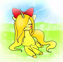 Size: 477x472 | Tagged: safe, artist:hellworldnohope, derpibooru import, oc, unofficial characters only, pony, unicorn, blushing, bow, female, hair bow, hair over one eye, horn, image, jpeg, lying down, mare, prone, unshorn fetlocks