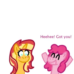 Size: 1000x1000 | Tagged: safe, artist:zoeyhorse, derpibooru import, pinkie pie, sunset shimmer, earth pony, pony, unicorn, blushing, dialogue, duo, duo female, female, horn, image, lesbian, mare, png, ship:sunsetpie, shipping, simple background, smiling, surprised, white background