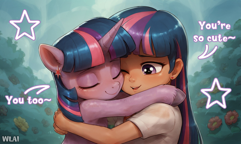Size: 2560x1536 | Tagged: safe, ai content, derpibooru import, machine learning generated, prompter:wiselynxai, stable diffusion, twilight sparkle, human, pony, unicorn, dialogue, duo, duo female, eyes closed, female, hug, hugging a pony, human ponidox, humanized, image, jpeg, one eye closed, open mouth, open smile, self paradox, self ponidox, smiling, stars, unicorn twilight