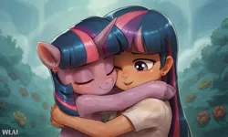 Size: 2560x1536 | Tagged: safe, ai content, alternate version, derpibooru import, machine learning generated, prompter:wiselynxai, stable diffusion, twilight sparkle, human, pony, unicorn, duo, duo female, eyes closed, female, hug, hugging a pony, human ponidox, humanized, image, jpeg, one eye closed, open mouth, open smile, self paradox, self ponidox, smiling, textless version, unicorn twilight