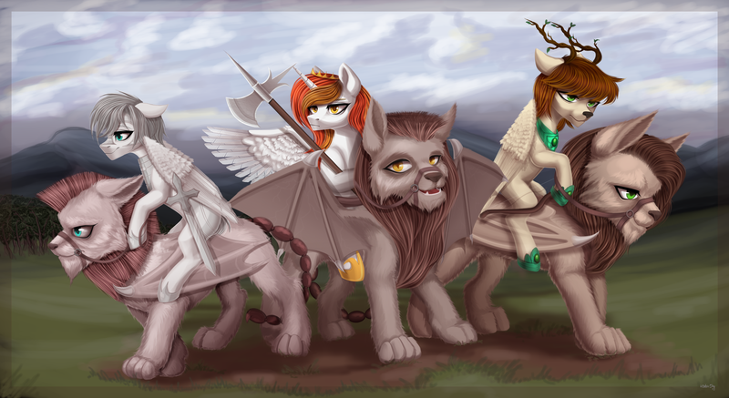 Size: 4428x2421 | Tagged: artist needed, source needed, safe, artist:livingcolor1234, derpibooru import, oc, oc:king mirael, oc:king phoenix, oc:light knight, unofficial characters only, alicorn, cat, hybrid, manticore, pegasus, pony, alicorn oc, arrow, axe, bogatyr, bow, bow (weapon), bow and arrow, commission, fine art parody, hoof shoes, horn, image, jewelry, male, medieval, peytral, png, polearm, poleaxe, ponies riding cats, regalia, riding, slavic, stallion, sword, weapon, wings