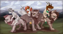 Size: 4428x2421 | Tagged: artist needed, source needed, safe, artist:livingcolor1234, derpibooru import, oc, oc:king mirael, oc:king phoenix, oc:light knight, unofficial characters only, alicorn, cat, hybrid, manticore, pegasus, pony, alicorn oc, arrow, axe, bogatyr, bow, bow (weapon), bow and arrow, commission, fine art parody, hoof shoes, horn, image, jewelry, male, medieval, peytral, png, polearm, poleaxe, ponies riding cats, regalia, riding, slavic, stallion, sword, weapon, wings