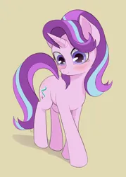 Size: 1740x2436 | Tagged: safe, artist:zetamad, derpibooru import, starlight glimmer, pony, unicorn, atg 2019, blushing, cute, female, g4, glimmerbetes, high res, horn, image, jpeg, mare, newbie artist training grounds, shadow, simple background, solo, tail, tan background