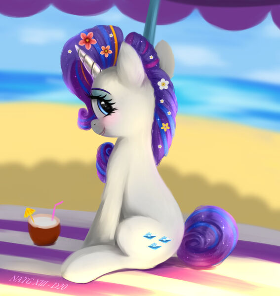 Size: 2048x2168 | Tagged: safe, artist:darksly, derpibooru import, rarity, pony, unicorn, atg 2023, beach, beach blanket, beach umbrella, blushing, cocktail umbrella, coconut cup, cute, drinking straw, female, flower, flower in hair, g4, high res, horn, image, jpeg, looking at you, looking back, looking back at you, mare, newbie artist training grounds, ocean, outdoors, raribetes, sitting, smiling, smiling at you, solo, sparkles, sparkling mane, tail, umbrella, water