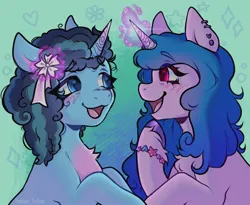 Size: 740x608 | Tagged: safe, artist:fellow_feline, derpibooru import, izzy moonbow, pony, unicorn, g5, abstract background, accessory, blushing, duo, female, glow, glowing horn, horn, image, jpeg, lesbian, looking at each other, looking at someone, mare, misty brightdawn, ship:mizzy, shipping