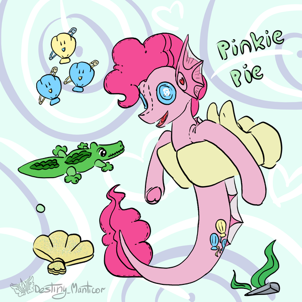 Size: 1450x1450 | Tagged: safe, artist:destiny_manticor, derpibooru import, pinkie pie, alligator, merpony, pony, abstract background, barrette, doll, female, g4, hand, image, mare, mermay, open mouth, plushie, png, seashell, toy