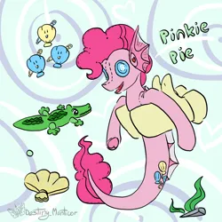 Size: 1450x1450 | Tagged: safe, artist:destiny_manticor, derpibooru import, pinkie pie, alligator, merpony, pony, abstract background, barrette, doll, female, g4, hand, image, mare, mermay, open mouth, plushie, png, seashell, toy