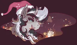 Size: 1280x749 | Tagged: safe, artist:elliemore-casp, derpibooru import, oc, oc:loona, unofficial characters only, pony, unicorn, black sclera, bust, christmas, ear fluff, female, hat, holiday, horn, image, jpeg, mare, santa hat, solo, watermark