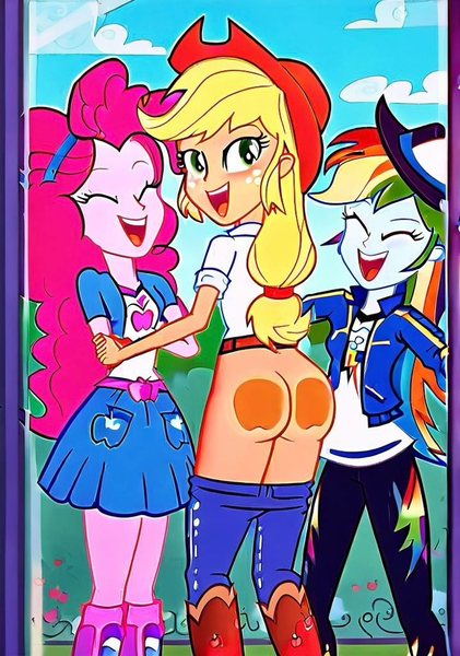 Size: 700x998 | Tagged: questionable, ai content, anonymous prompter, derpibooru import, machine learning generated, stable diffusion, applejack, pinkie pie, rainbow dash, equestria girls, against glass, applebutt, ass, bootylicious, butt, clothes, cowboy hat, female, females only, g4, generator:pony diffusion v6 xl, glass, glass window, hat, image, laughing, mooning, pants, pants down, png, trio, trio female