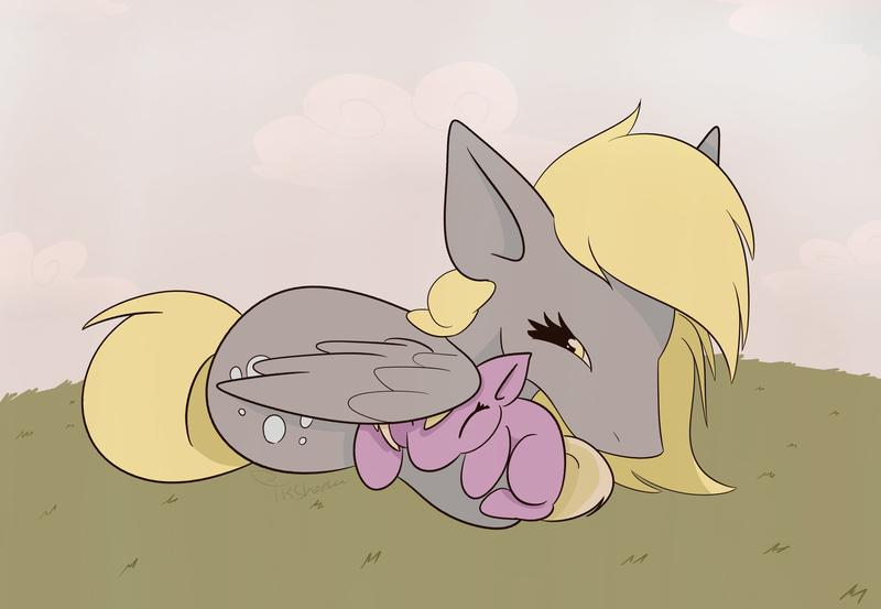 Size: 3558x2460 | Tagged: safe, artist:tkshoelace, derpibooru import, derpy hooves, dinky hooves, pegasus, pony, unicorn, cloud, cuddling, duo, duo female, female, g4, grass, horn, image, mother and child, mother and daughter, png, sleeping