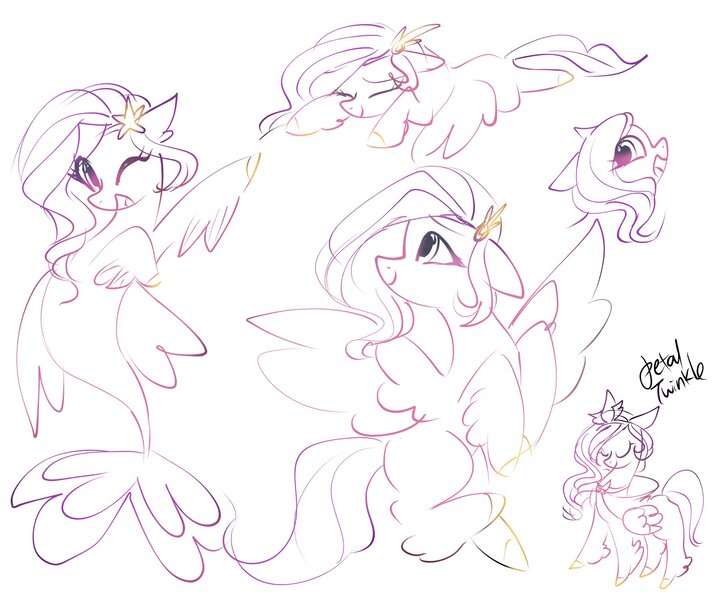 Size: 2048x1726 | Tagged: safe, artist:petaltwinkle, derpibooru import, pipp petals, pegasus, sea pony, g5, eye clipping through hair, eyelashes, eyes closed, flying, folded wings, headpiece, image, jpeg, leg fluff, long mane, long tail, looking at you, lying down, monochrome, one eye closed, open mouth, open smile, prone, race swap, raised hoof, signature, simple background, sleeping, smiling, smiling at you, solo, sploot, spread wings, standing, tail, wavy mane, wavy tail, white background, wings, wink