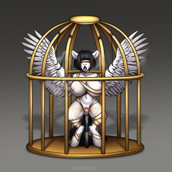 Size: 2000x2000 | Tagged: explicit, artist:arrteen, derpibooru import, oc, oc:spicy stir, unofficial characters only, anthro, pegasus, anthro oc, big breasts, bird cage, blindfold, bondage, breasts, dildo, dildo sitting, female, gradient background, hands behind back, huge breasts, image, insertion, one bar prison, one-bar prison, open mouth, png, sex toy, solo, solo female, spread wings, vaginal insertion, wings