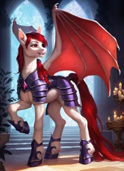 Size: 1024x1408 | Tagged: safe, ai content, derpibooru import, machine learning generated, prompter:star-dragon, stable diffusion, oc, unofficial characters only, bat pony, pony, armor, bat wings, fangs, female, g4, generator:pony diffusion v6 xl, guard, image, mare, png, solo, wings