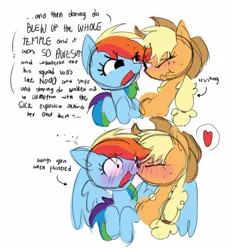 Size: 1137x1217 | Tagged: safe, artist:appledash3r_, derpibooru import, applejack, rainbow dash, earth pony, pegasus, pony, ..., 2 panel comic, appledash, applejack's hat, blonde mane, blue coat, blushing, colored sketch, comic, cowboy hat, dialogue, duo, duo female, eyelashes, female, flustered, freckles, g4, hat, image, information dump, information dumping, jpeg, kiss on the cheek, kissing, lesbian, long mane, looking at each other, looking at someone, mare, multicolored hair, multicolored mane, narrowed eyes, no catchlights, nose wrinkle, one eye closed, open mouth, open smile, orange coat, ponytail, rainbow hair, raised hoof, raised hooves, scrunchy face, shipping, shrunken pupils, sketch, smiling, smiling at someone, speech bubble, spread wings, talking, text, tied mane, wingboner, wings