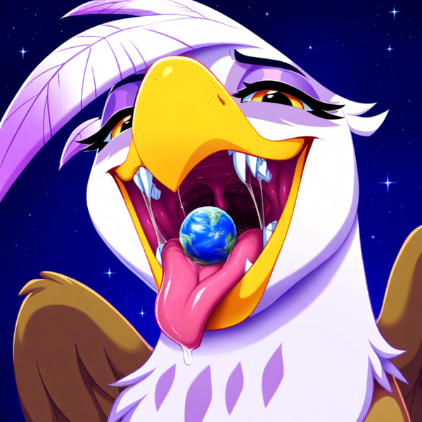 Size: 1024x1024 | Tagged: questionable, ai content, derpibooru import, machine learning generated, novelai, stable diffusion, gilda, gryphon, beak, bust, close-up, female, g4, giantess, giga, image, looking at you, macro, open mouth, planet, png, portrait, prompt in description, seductive look, sharp teeth, solo, solo female, teeth, vore